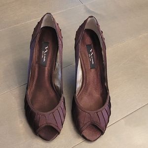 Chocolate Satin Nina Peep Toe Pumps Size 10